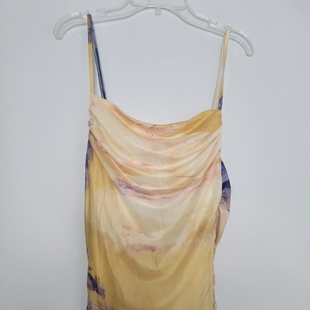 NWT Commense Yellow Purple Marble Tie-Dye Mesh Ruched Bodycon Midi Dress - Picture 5 of 9